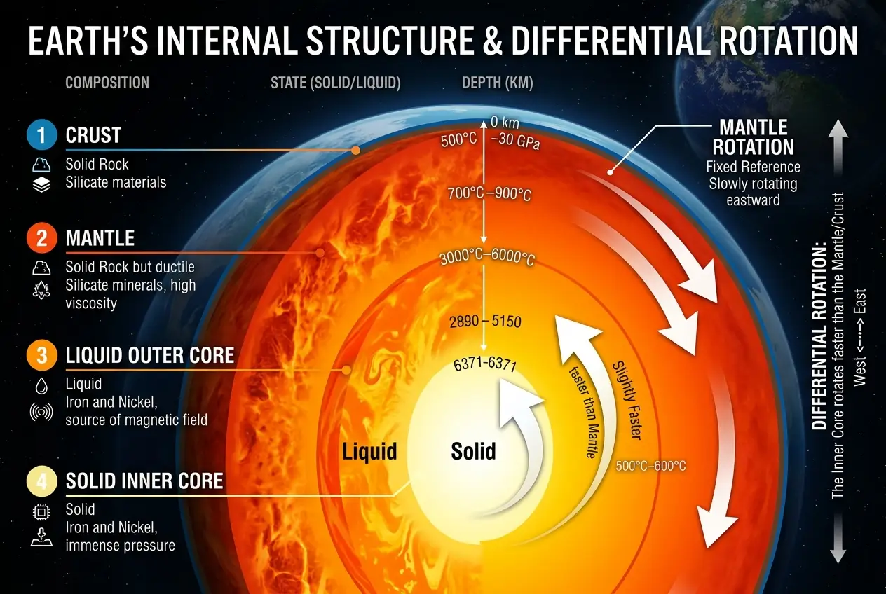 Visual explanation of Is Earth's Core Slowing? A Cosmic Time Shift