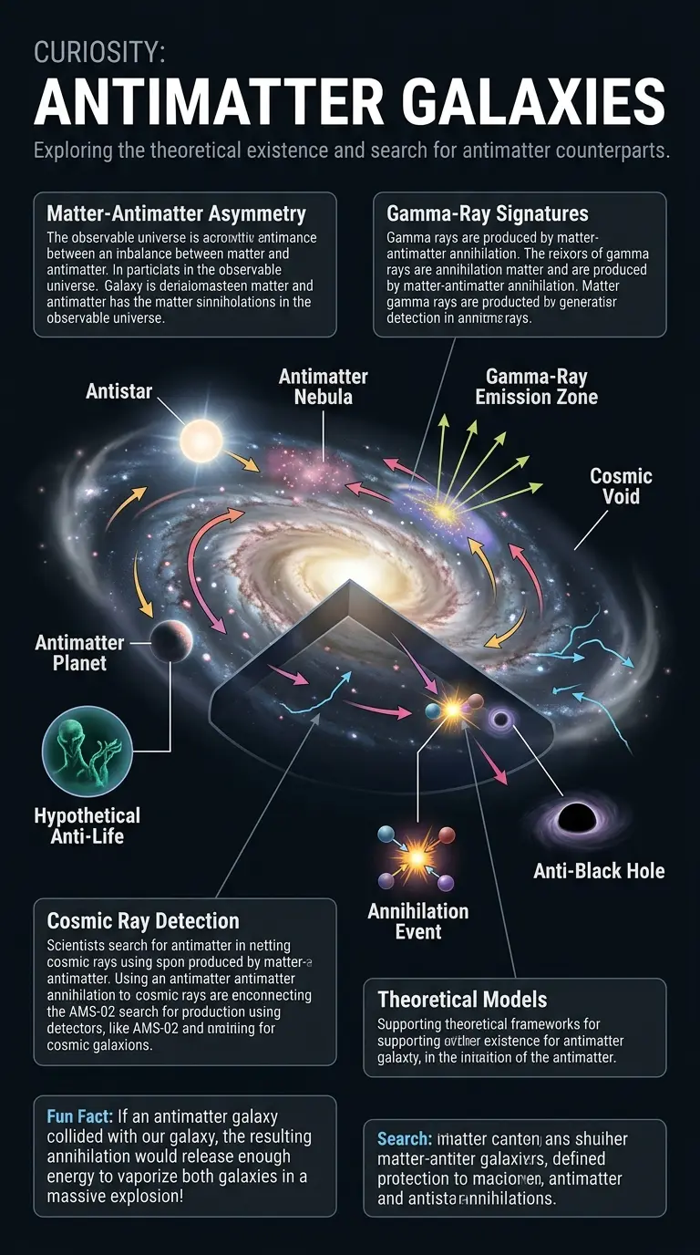 Infographic explaining the concept of antimatter galaxies, their theoretical existence, and the ongoing search for them in the cosmos. #antimatter #galaxy #astronomy #physics