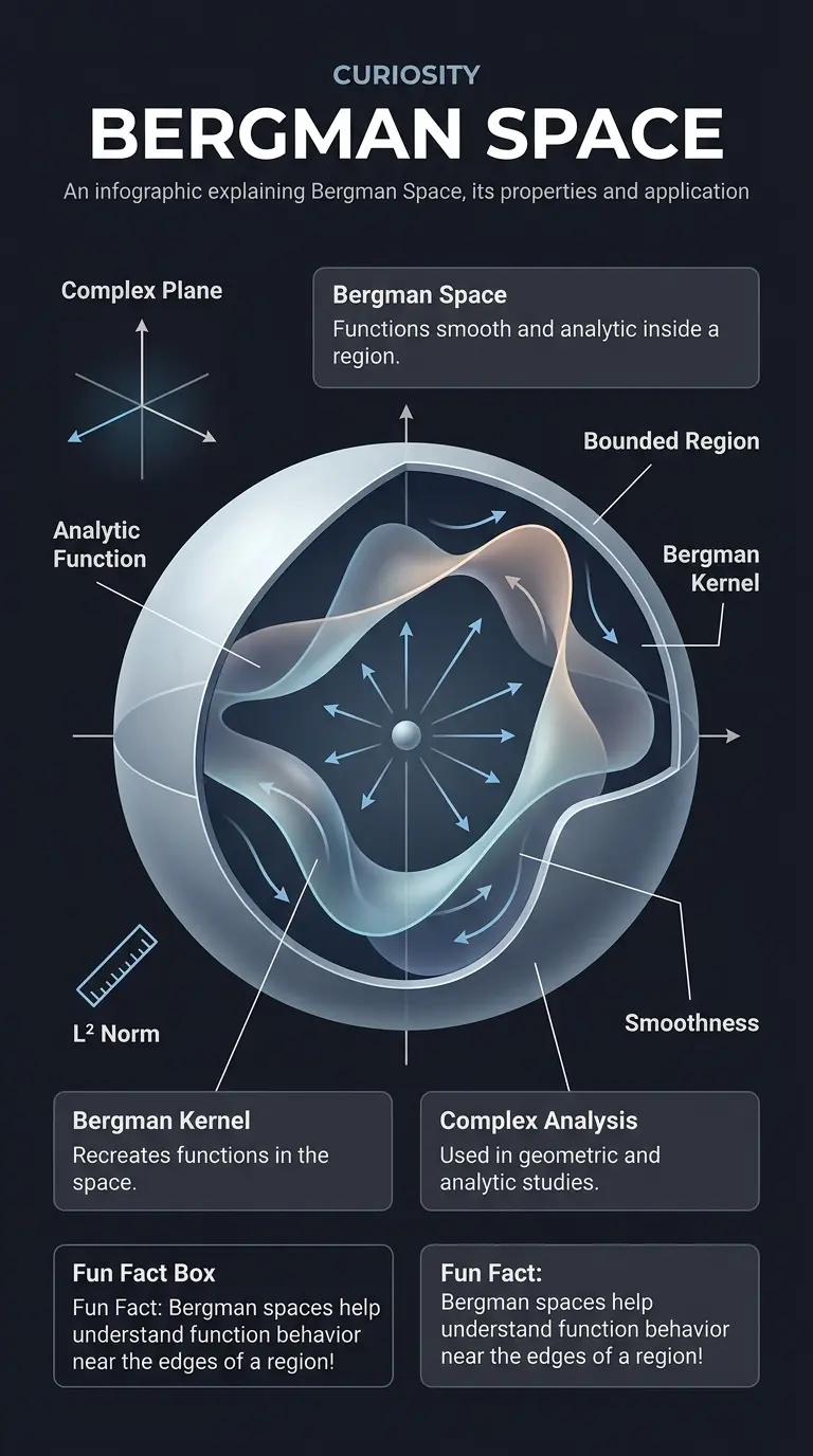 Infographic explaining Bergman Space, its properties, and applications in complex analysis and mathematical physics.
