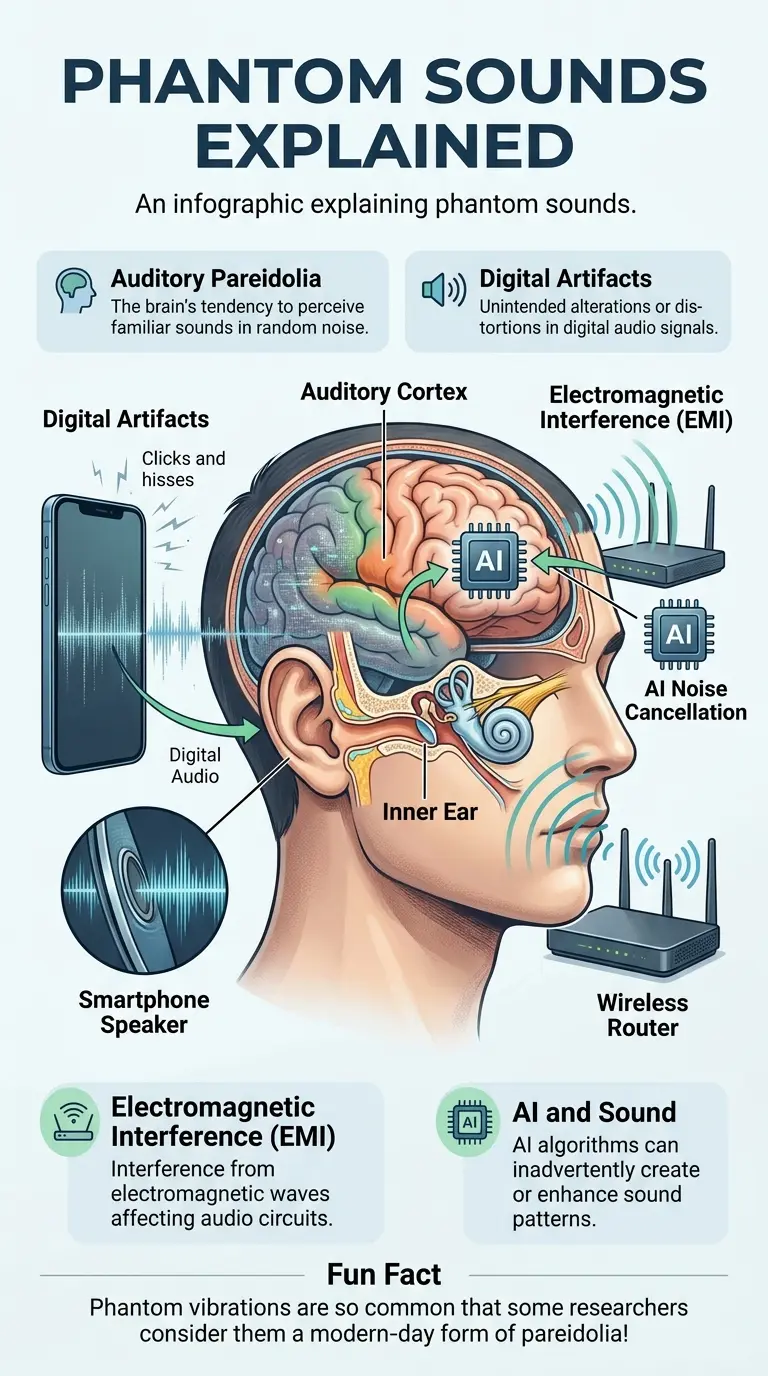 Infographic explaining the phenomenon of phantom sounds, digital artifacts, and auditory pareidolia in our digital world.