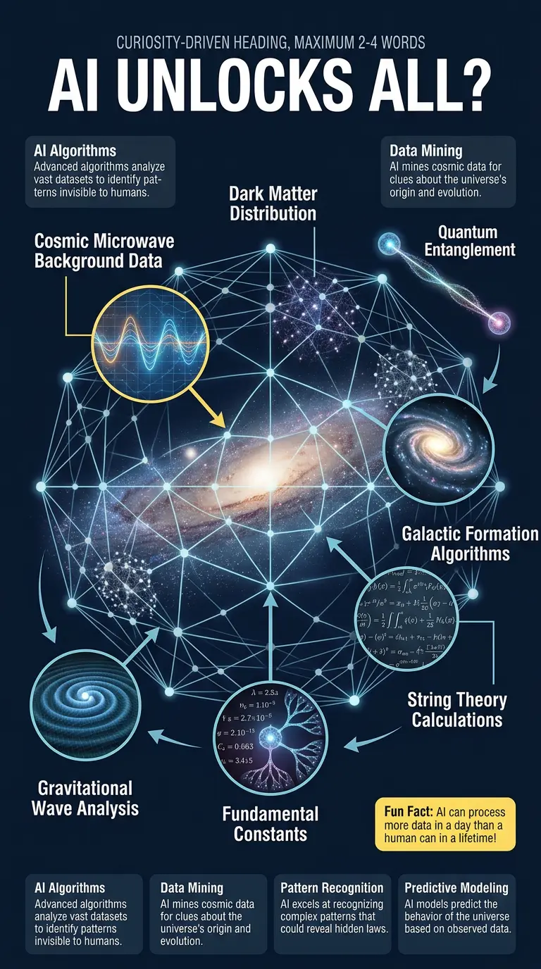 Infographic explaining how AI could potentially unlock the universe's hidden code by analyzing complex data patterns and revealing fundamental laws.