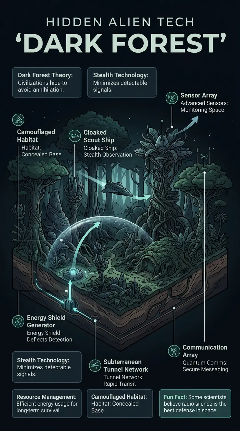Infographic showing cutaway view of a dark forest with hidden alien technology, including energy shields, cloaked ships, and advanced sensors, in a tech magazine style.