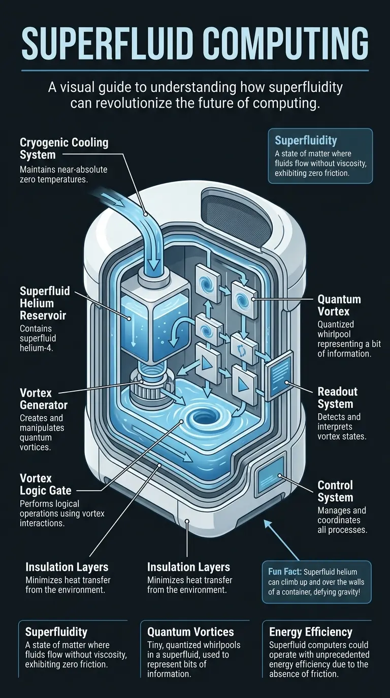 Infographic explaining how superfluidity can revolutionize future computing, detailing quantum vortices, energy efficiency, and challenges.