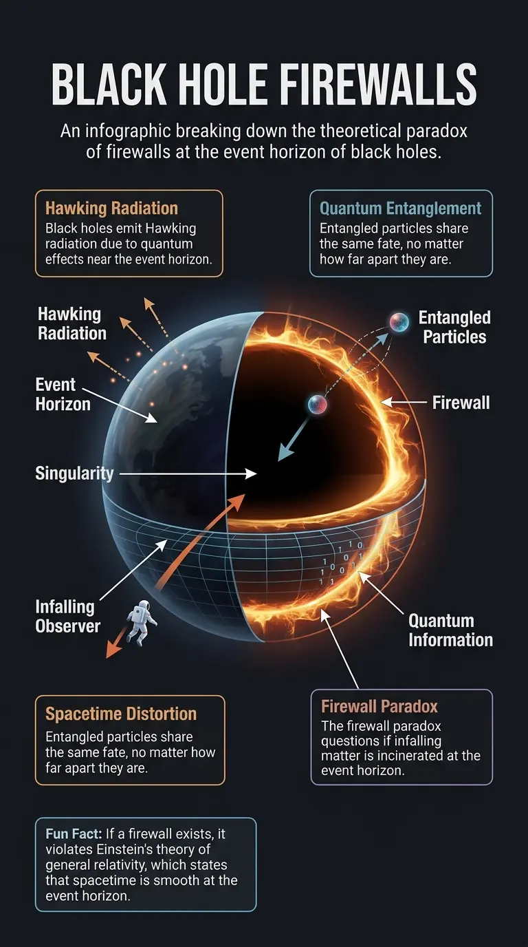 Infographic explaining the black hole firewall paradox, quantum entanglement, and information loss. #blackholes #quantumphysics #cosmology