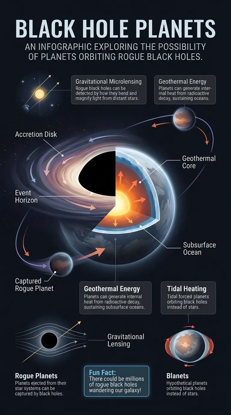 Infographic explaining the possibility of planets orbiting rogue black holes, detailing their formation, detection methods, and potential for habitability.