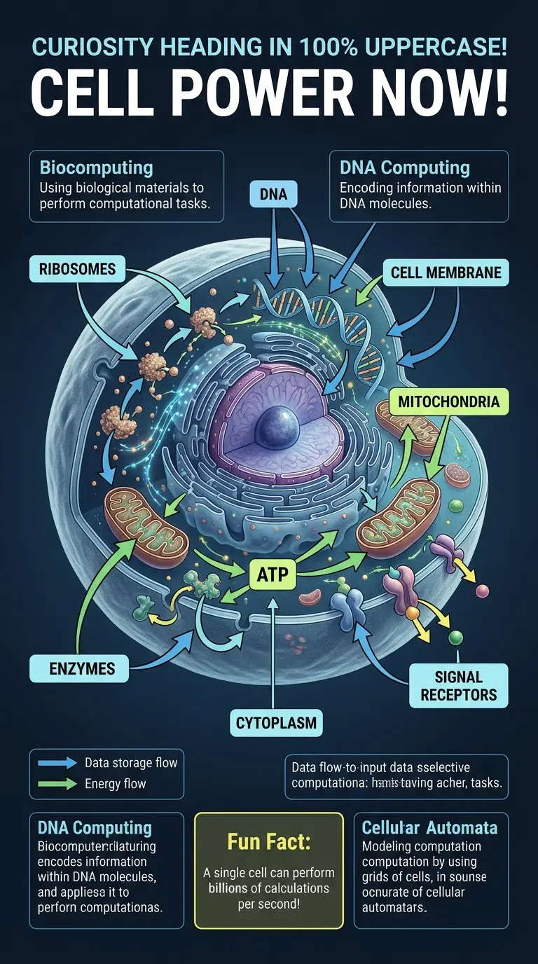 Infographic explaining how living cells can be used to build supercomputers, showing internal cell structure and data flow.