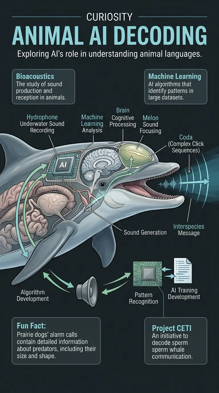 Infographic explaining how AI is used to decode animal languages and the potential for interspecies communication. #AI #AnimalCommunication #Bioacoustics #InterspeciesCommunication