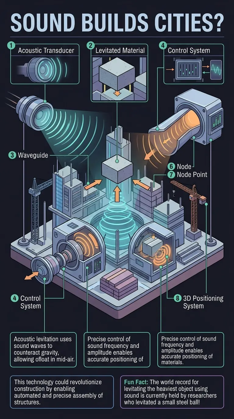 Infographic explaining the science behind acoustic levitation and its potential applications in future city construction.