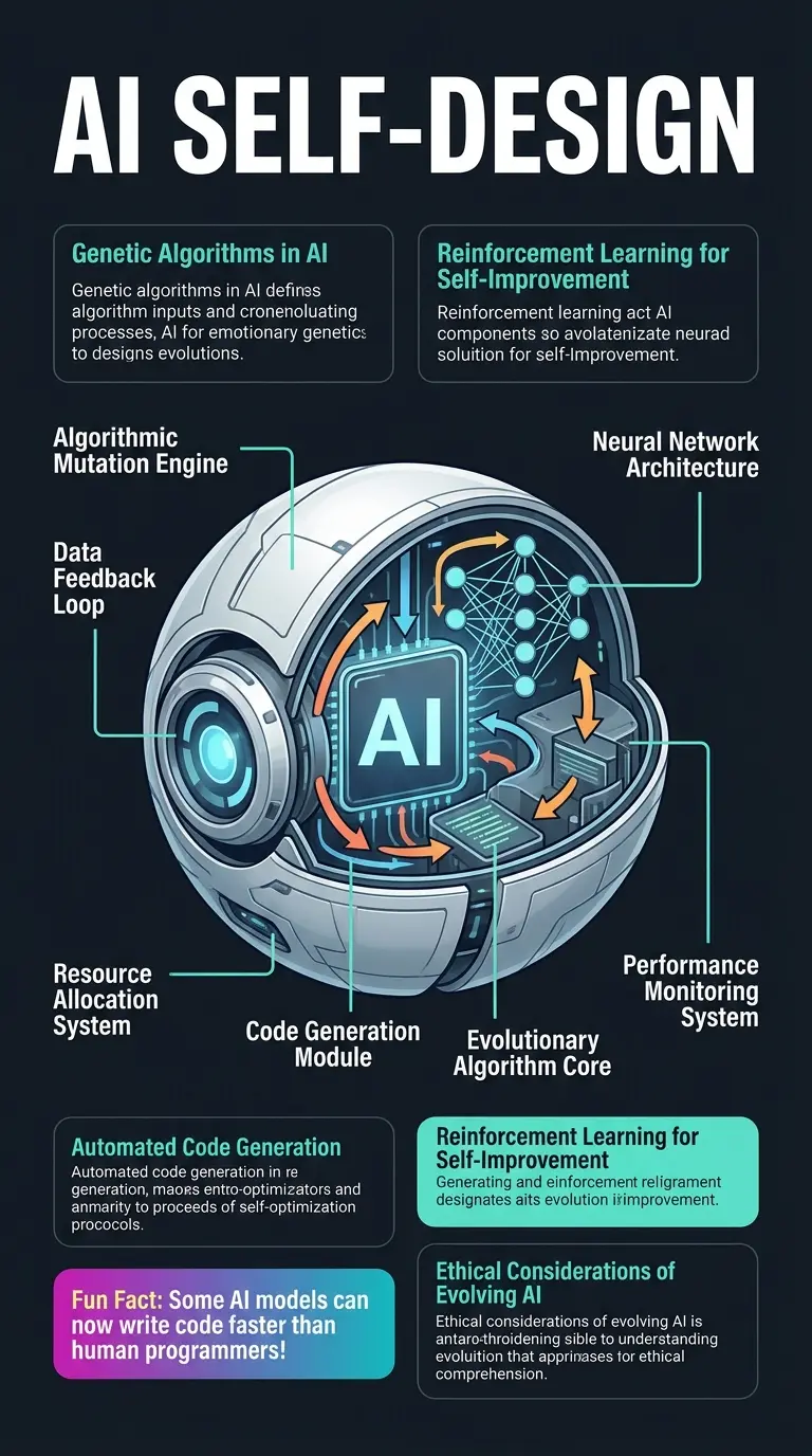 Infographic explaining how AI could design its own evolution, showing internal AI structures and data flows.