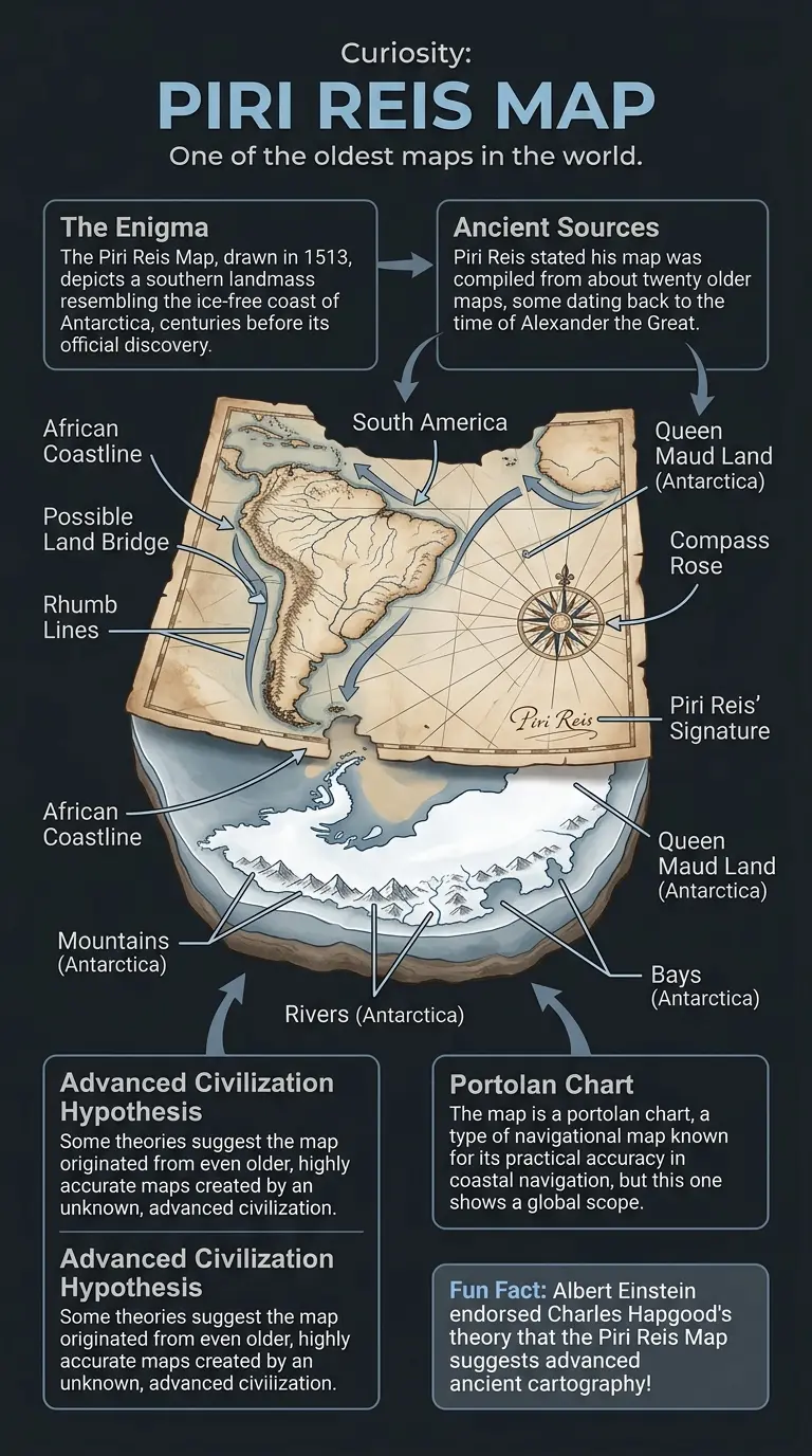 Detailed infographic explaining the Piri Reis Map, its depiction of a possible ice-free Antarctica, and the theories surrounding its creation.