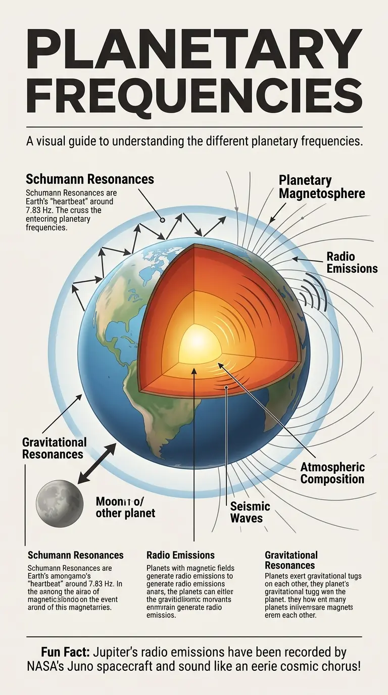 Infographic explaining the different types of planetary frequencies, including Schumann Resonances, radio emissions, gravitational resonances, and seismic waves. #planetaryfrequencies #cosmicresonances #astrophysics