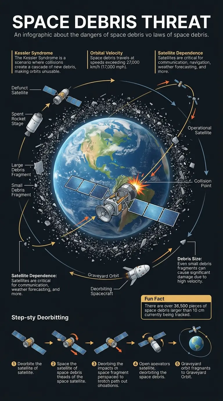 Infographic illustrating the growing problem of space debris, its impact on satellites, and potential solutions for orbital cleanup. #SpaceDebris #OrbitalCleanup #SpaceSustainability