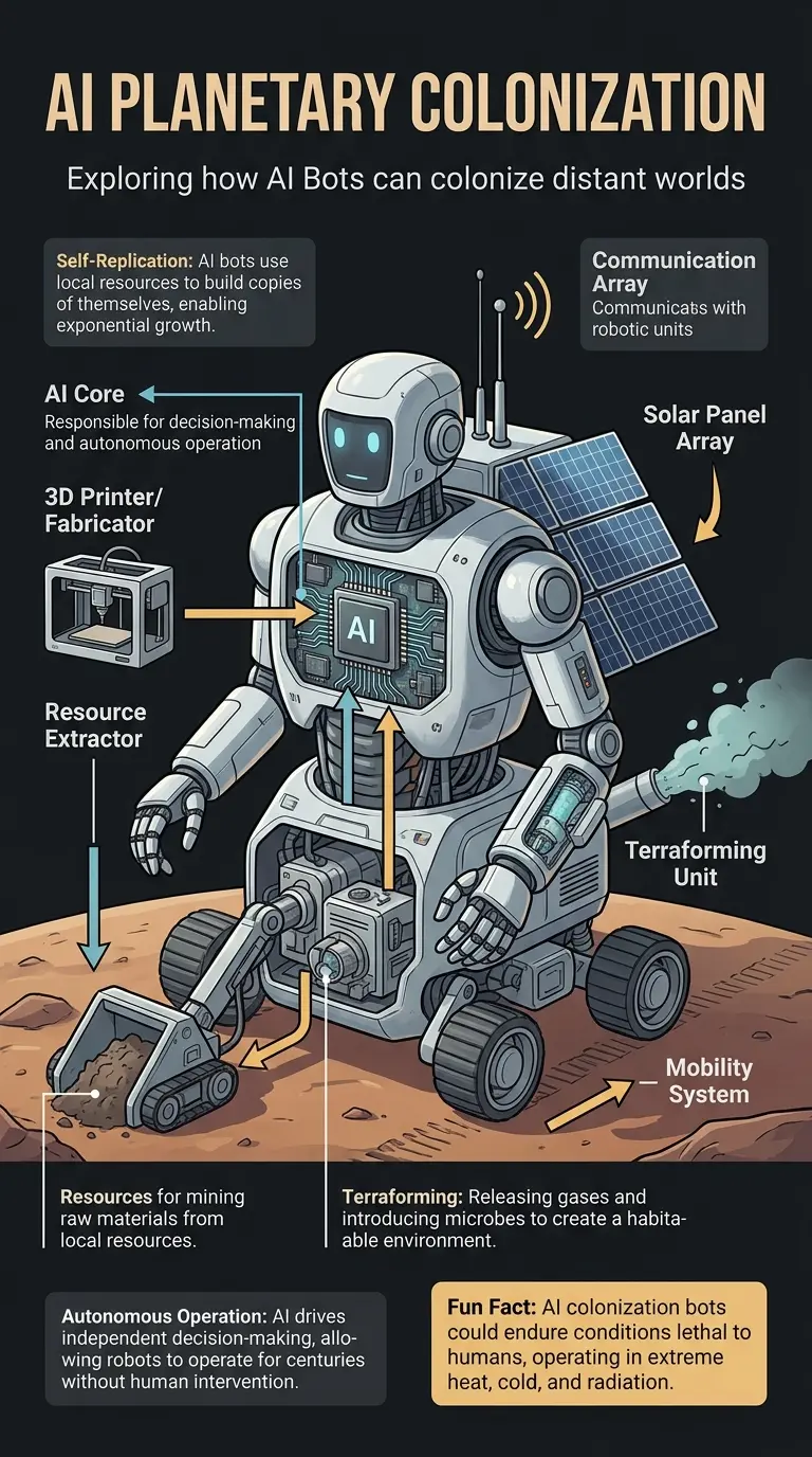 Infographic explaining how AI-powered robots could colonize distant planets, detailing their functions, self-replication, and potential impact on space exploration.