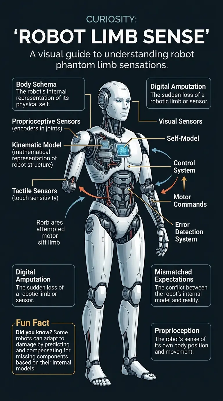 Infographic explaining the concept of phantom limb sensations in robots and AI, including components of a robot's self-model and potential implications.