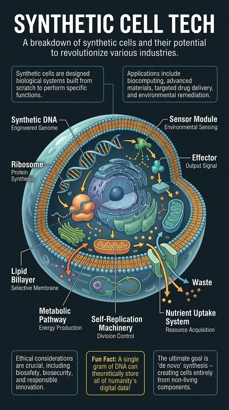 Detailed infographic explaining the construction, applications, and ethical considerations of synthetic cells for advanced technology.