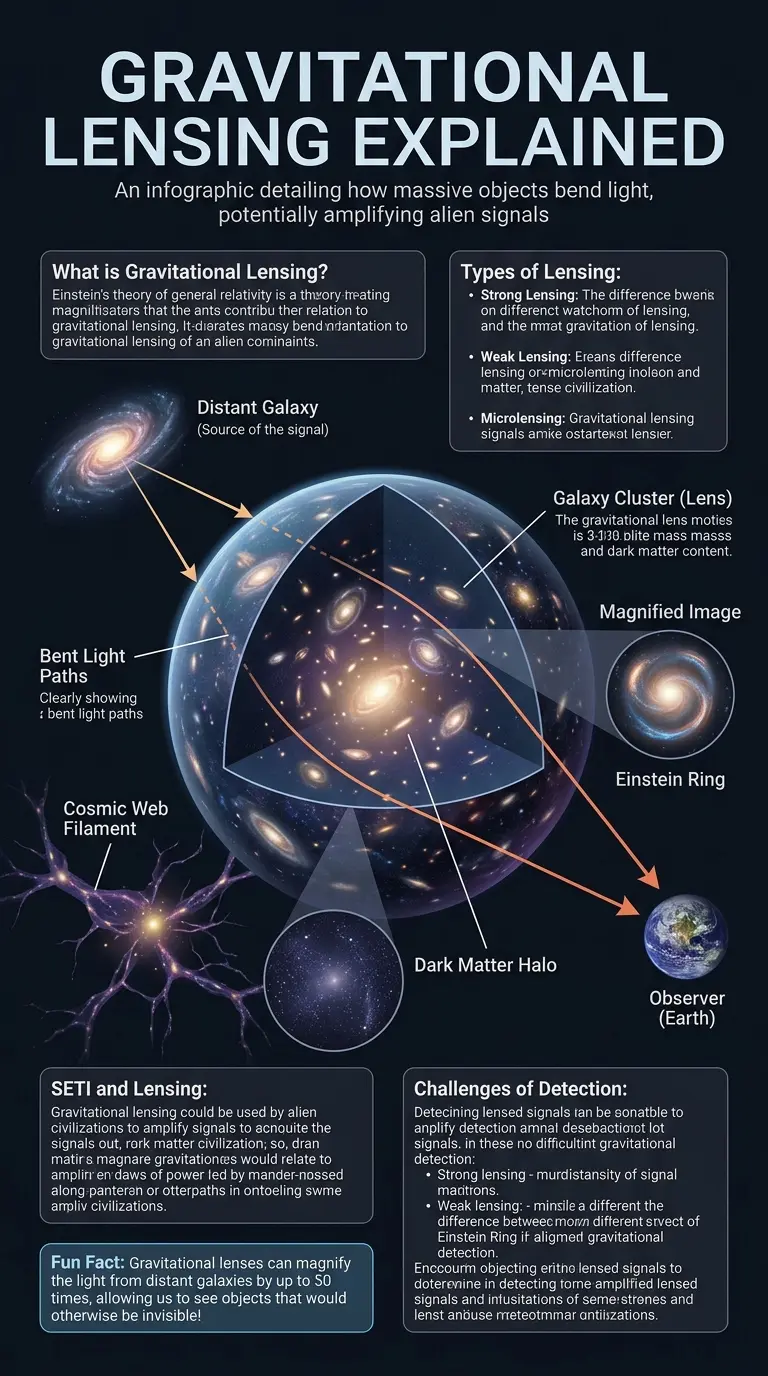 Infographic explaining how gravitational lensing could be used to amplify alien signals, as well as the challenges and opportunities involved in detecting these signals.