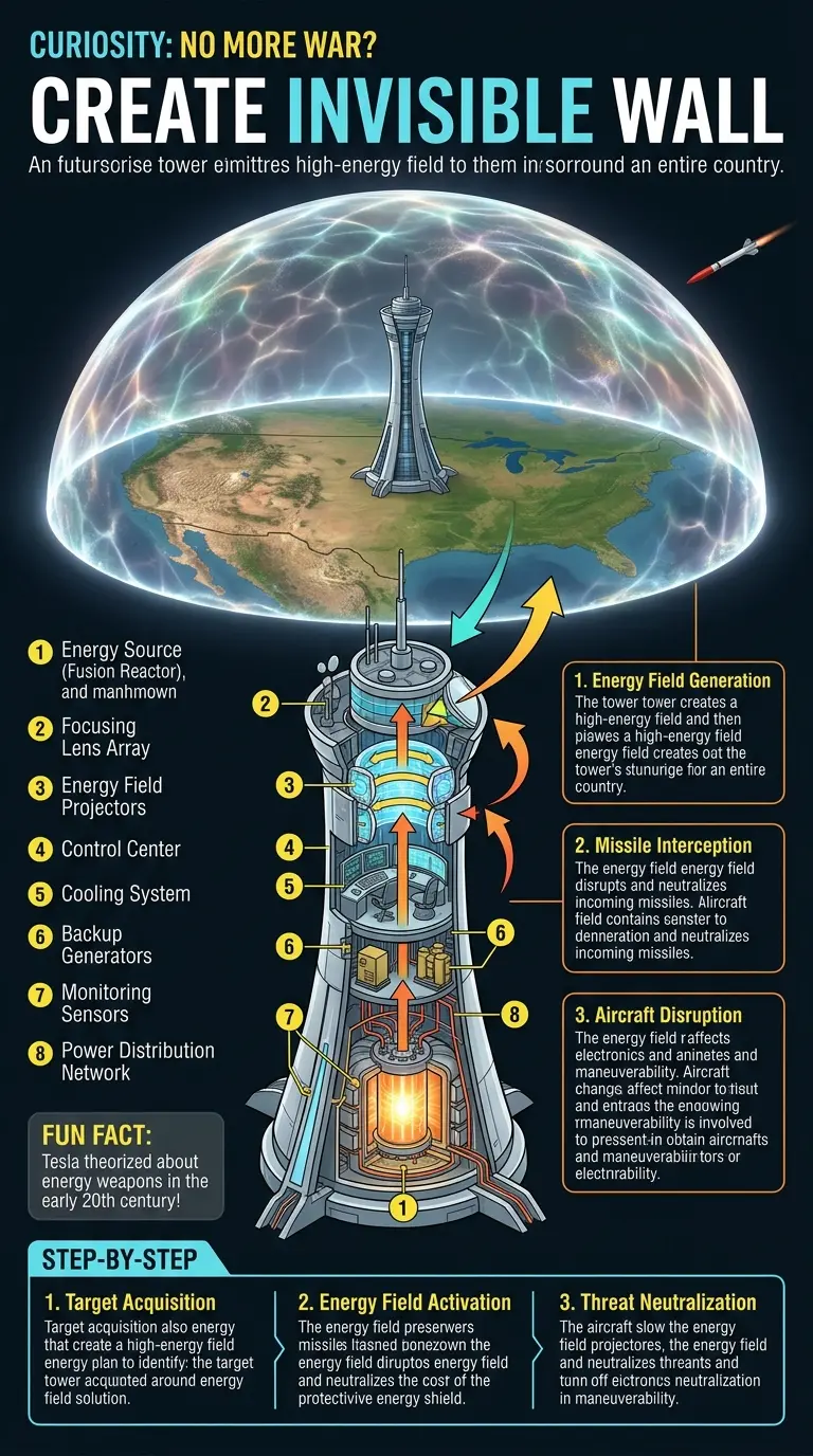 Infographic showing Tesla's Invisible Wall technology, a theoretical defense system using energy fields to protect countries from missiles and aircraft.