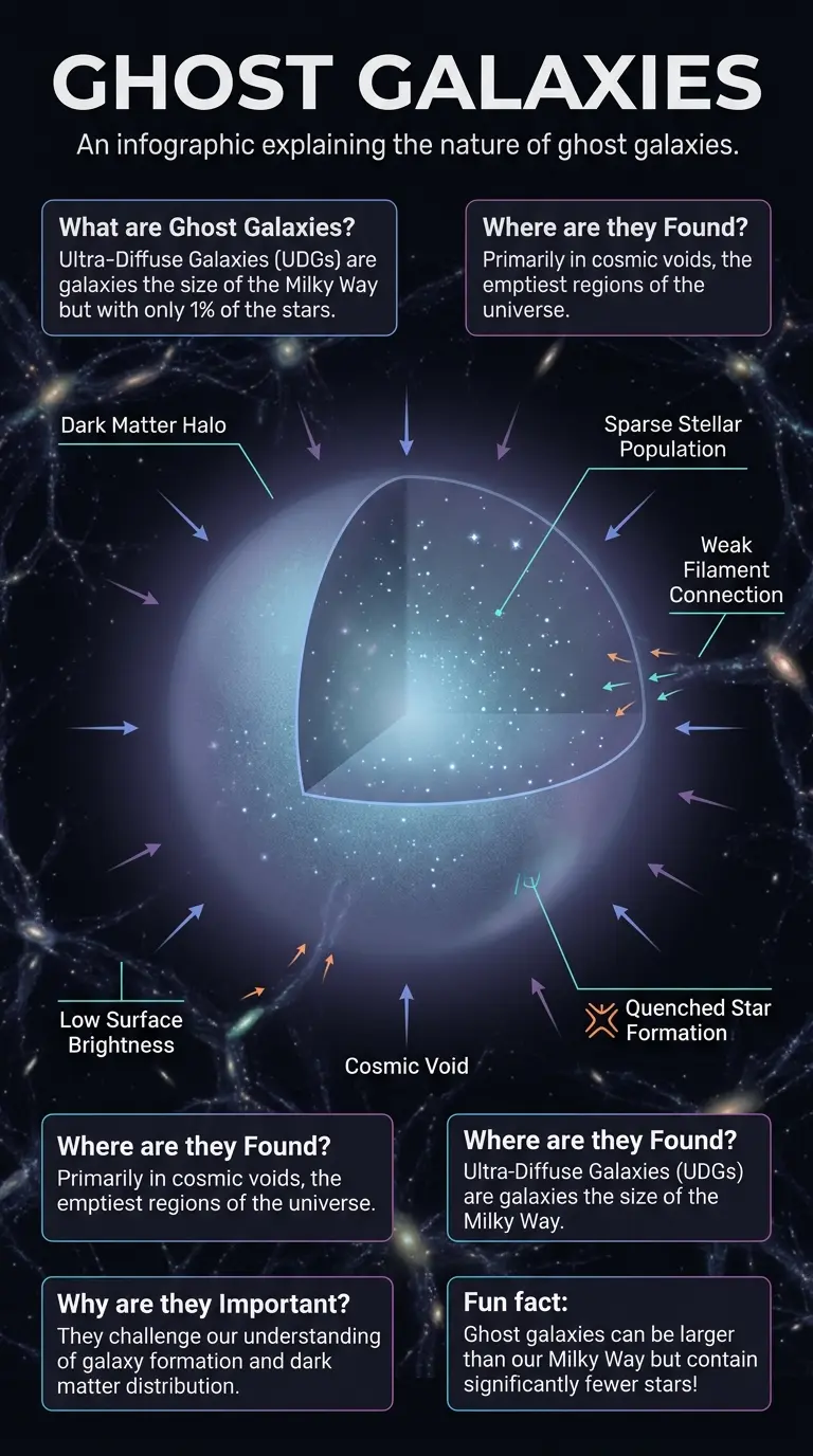 Infographic explaining the nature and formation of ghost galaxies, also known as Ultra-Diffuse Galaxies (UDGs), found in cosmic voids.