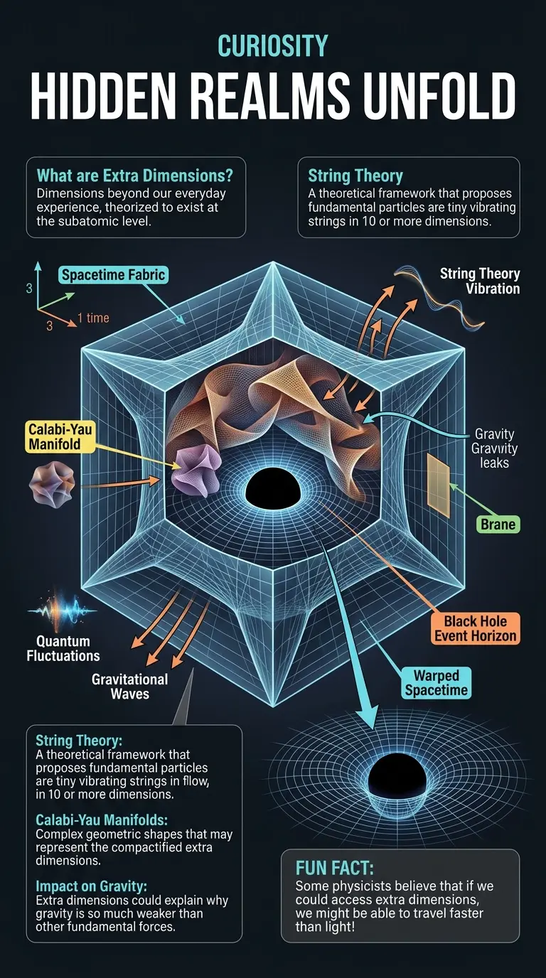 Infographic explaining the concept of extra dimensions and their potential impact on our understanding of the universe, with a cutaway visualization of spacetime and labeled components.