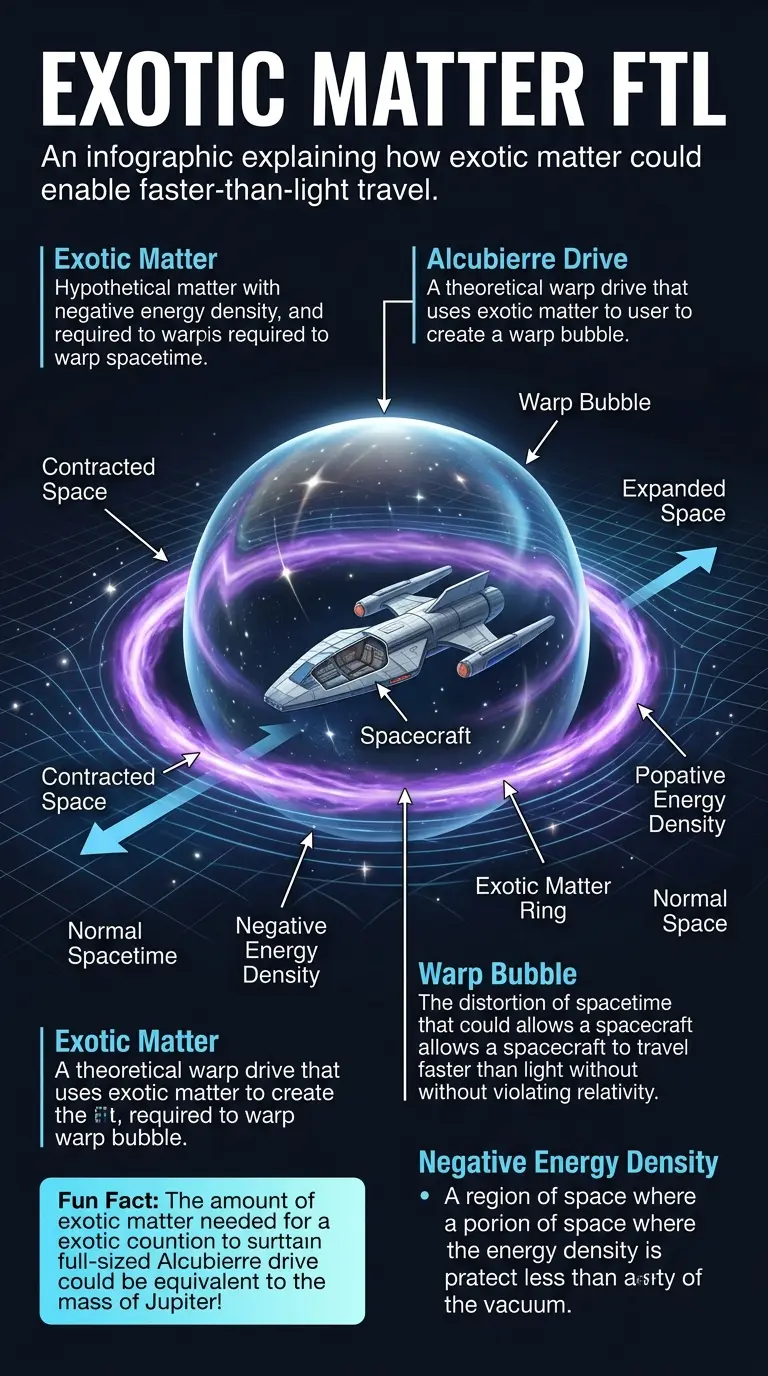 Infographic explaining exotic matter and its potential role in faster-than-light travel, including the Alcubierre drive and challenges involved.