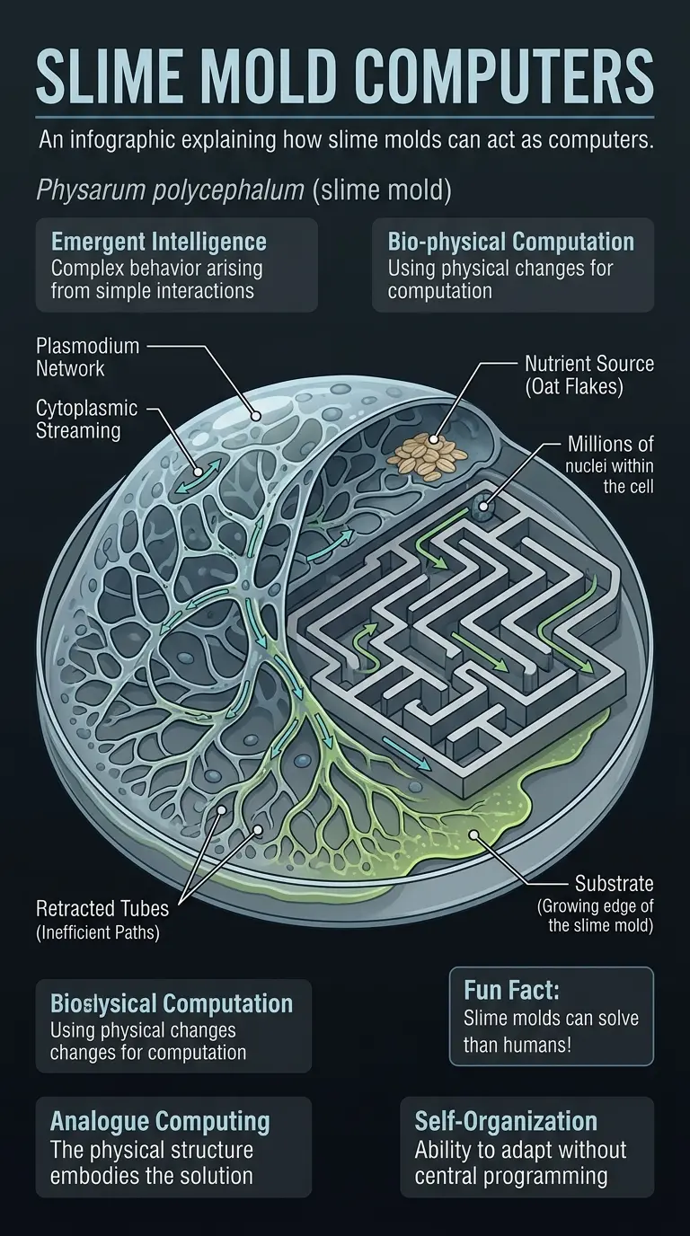 Infographic explaining how slime molds can be used as unconventional computers, illustrating their problem-solving abilities and potential applications in biocomputing.