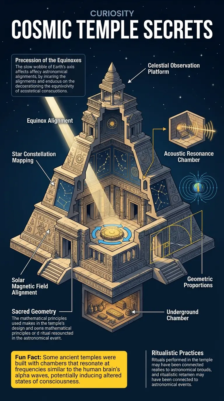 Infographic explaining potential cosmic pattern decoding in ancient temples, showing internal structure and astronomical alignments.