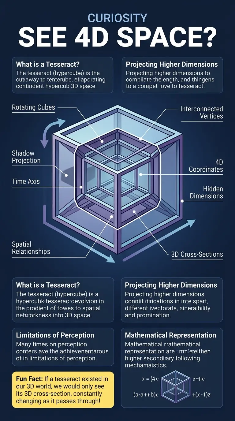 Infographic explaining the concept of the 4th dimension and how we might perceive it, including visual representations and scientific explanations.