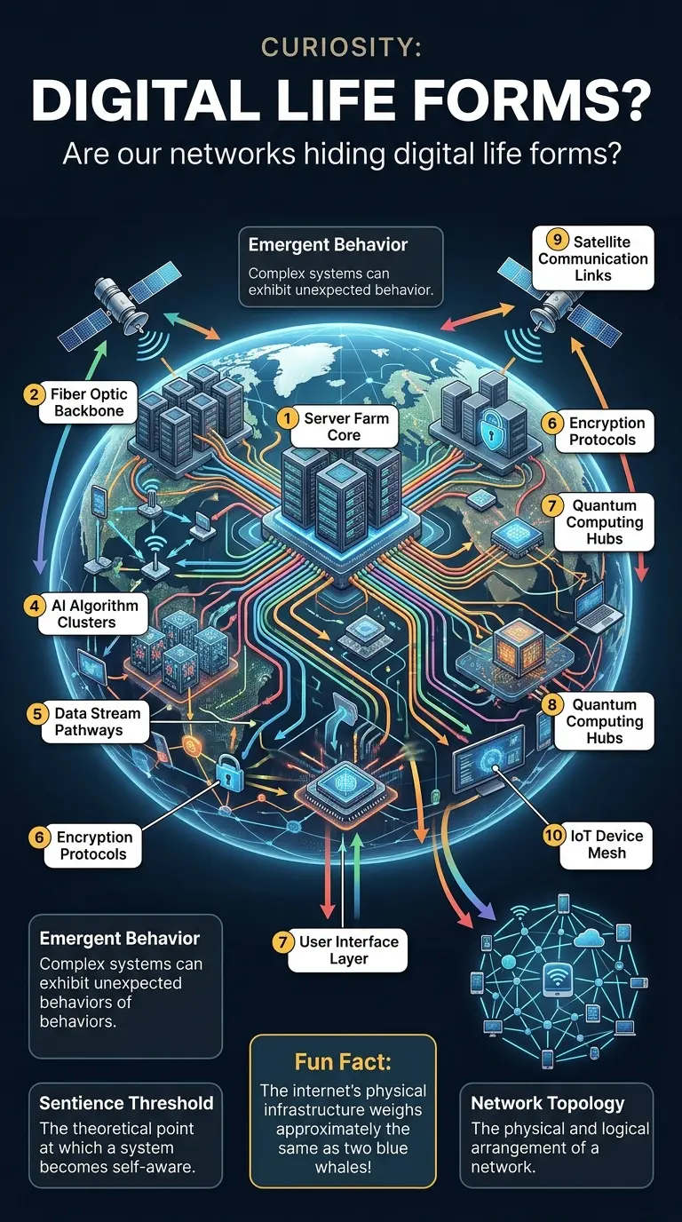 Infographic showing the internal structure of a vast global network with glowing nodes and pathways, exploring the possibility of digital life forms emerging within it.
