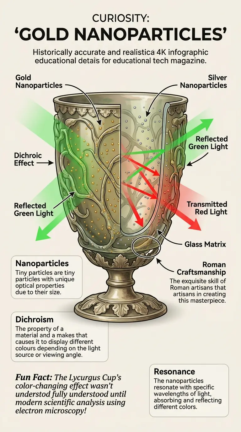 Infographic explaining the potential quantum technology behind the Lycurgus Cup, a Roman artifact that changes color depending on the light.