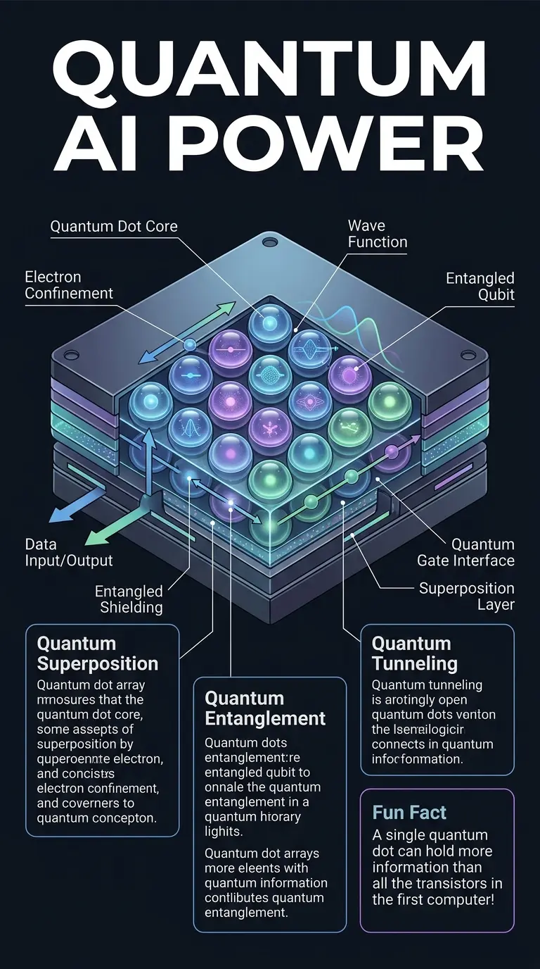 Infographic explaining how quantum dots could potentially unlock artificial general intelligence (AGI). Features a central illustration of a quantum dot array with labeled components and directional arrows illustrating data flow.