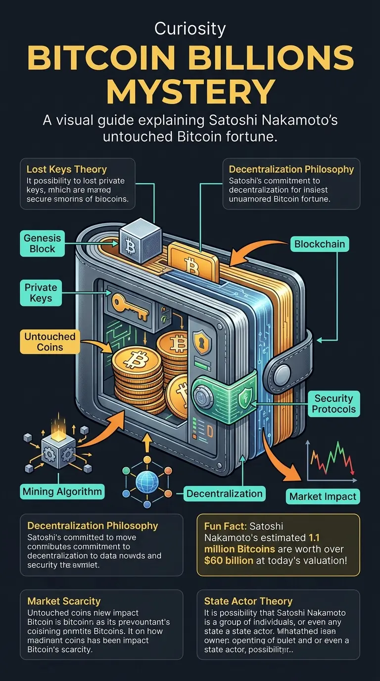 Infographic explaining why Satoshi Nakamoto's 1.1 million Bitcoin fortune remains untouched, exploring theories and implications.
