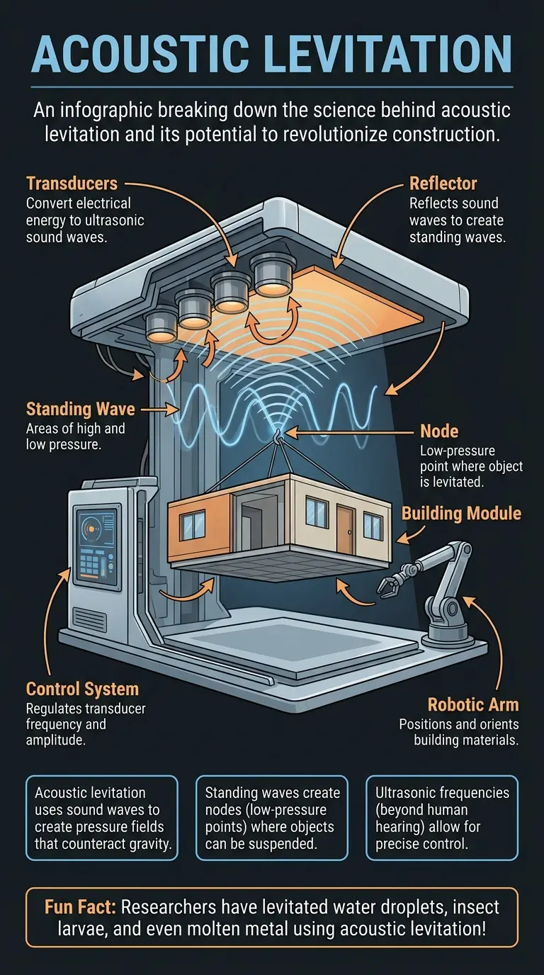 Detailed infographic explaining acoustic levitation technology and its potential applications in future construction, including components, benefits, and challenges. #acousticlevitation #futureofconstruction #engineering