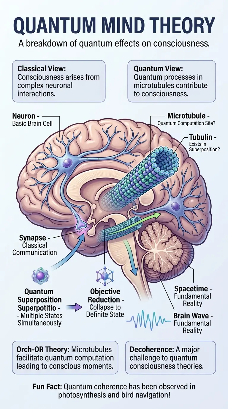 Infographic explaining the potential influence of quantum effects on human consciousness, detailing theories like Orchestrated Objective Reduction (Orch-OR) and contrasting classical and quantum views of consciousness.