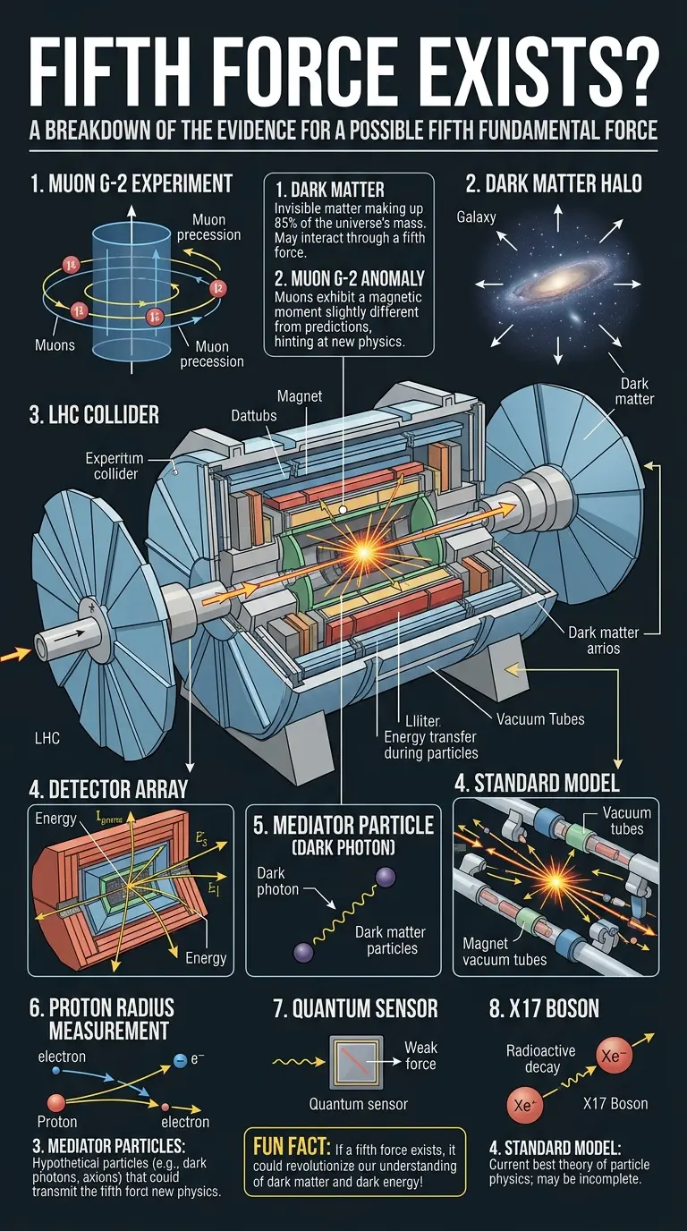 Infographic explaining the potential discovery of a fifth fundamental force in physics, covering dark matter, muons, and experimental search methods.