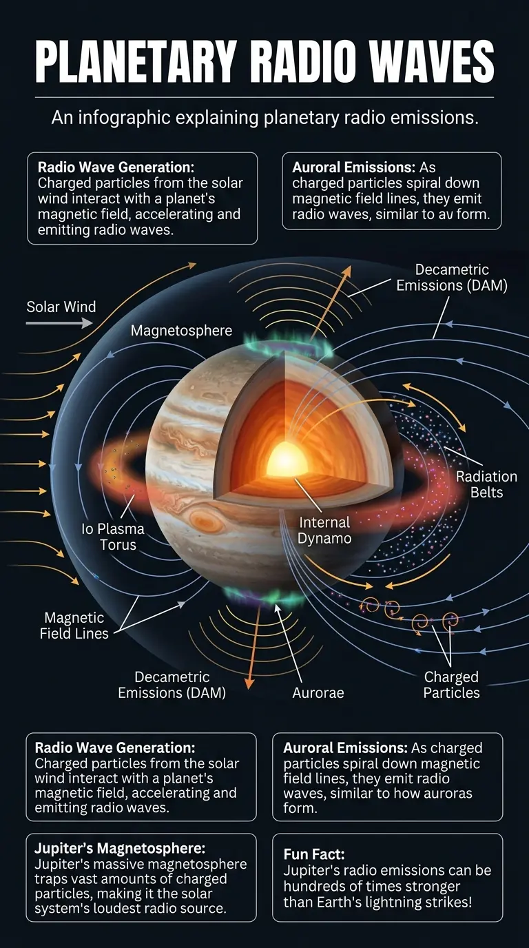 Infographic explaining how planets emit radio waves, detailing the science behind the phenomenon and its significance in understanding planetary properties.