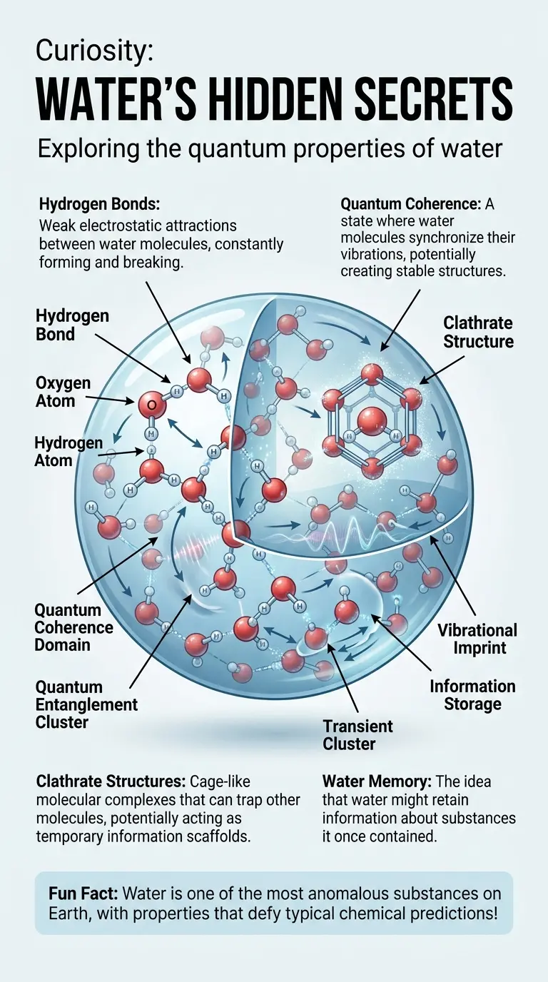 Infographic explaining the concept of water memory and its potential link to quantum mechanics, including structured water, quantum coherence, and potential future technologies.