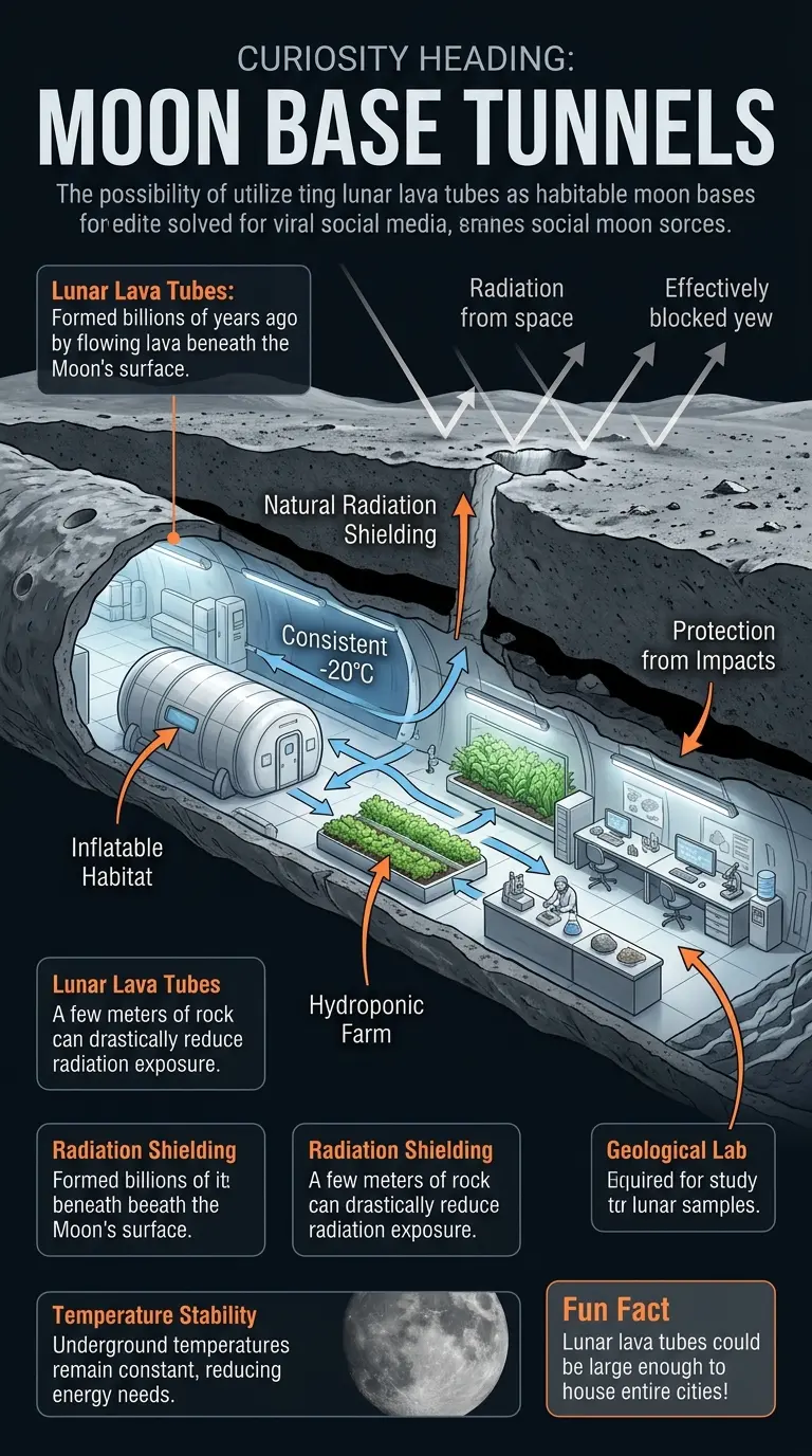 Infographic showing a cutaway view of lunar lava tubes and their potential as future lunar bases, highlighting radiation shielding, temperature stability, and micrometeorite protection.