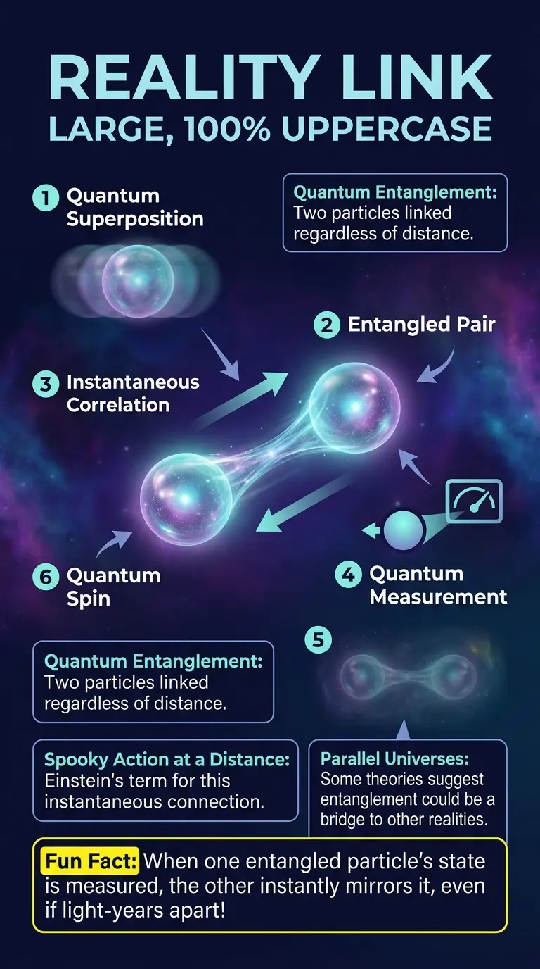 Infographic explaining quantum entanglement and its potential connection to parallel universes, with labeled components and illustrative arrows.