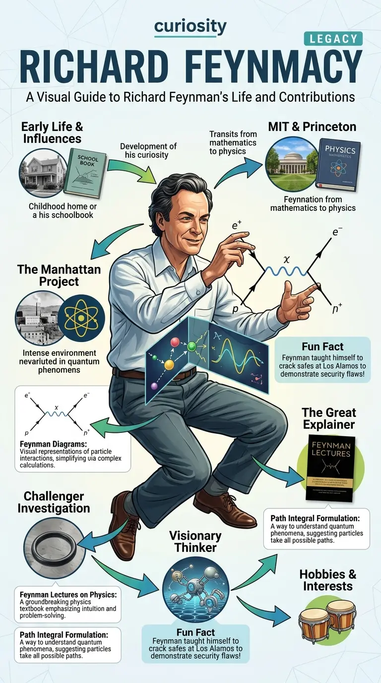 Infographic explaining Richard Feynman's life, contributions to physics, and legacy, highlighting his work in quantum electrodynamics, teaching style, and role in the Challenger investigation.