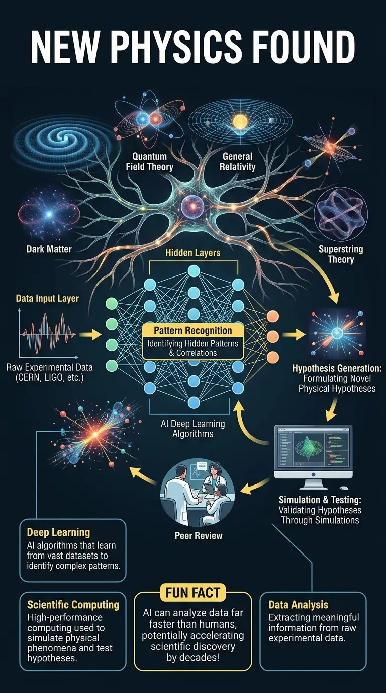 Infographic explaining how artificial intelligence is being used to discover new laws of physics, showing a complex neural network analyzing scientific data.