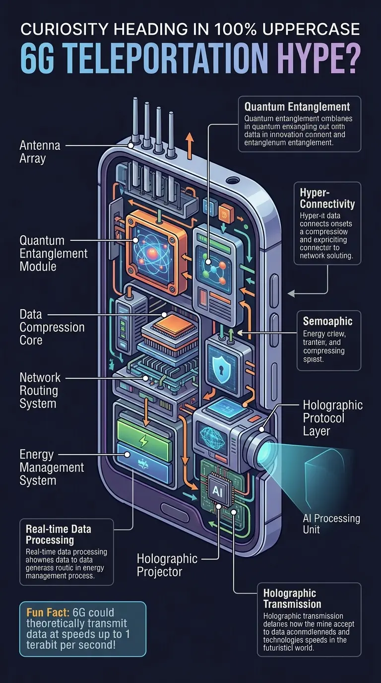 Infographic explaining the potential of 6G technology and its connection to hyper-connectivity and future possibilities like teleportation, featuring a cutaway view of a 6G device and labeled components.