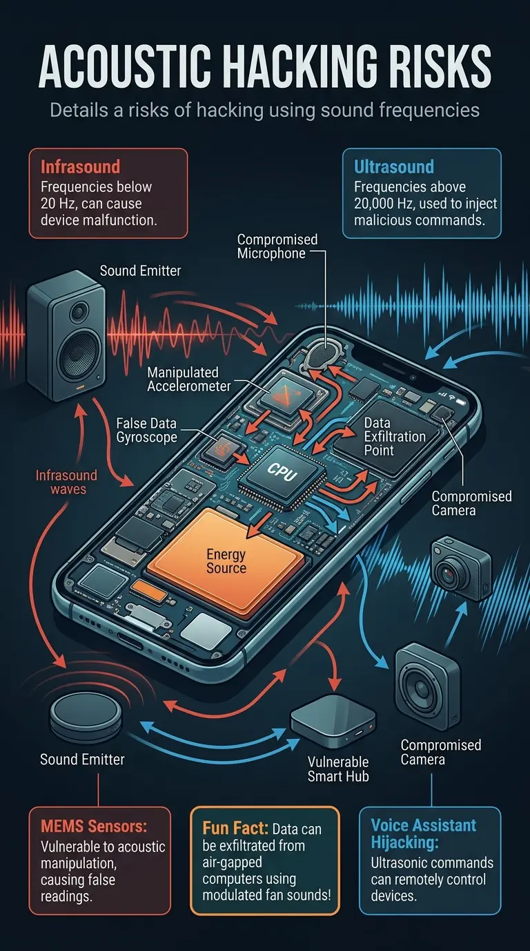 Infographic explaining acoustic hacking techniques using infrasound and ultrasound to compromise devices.