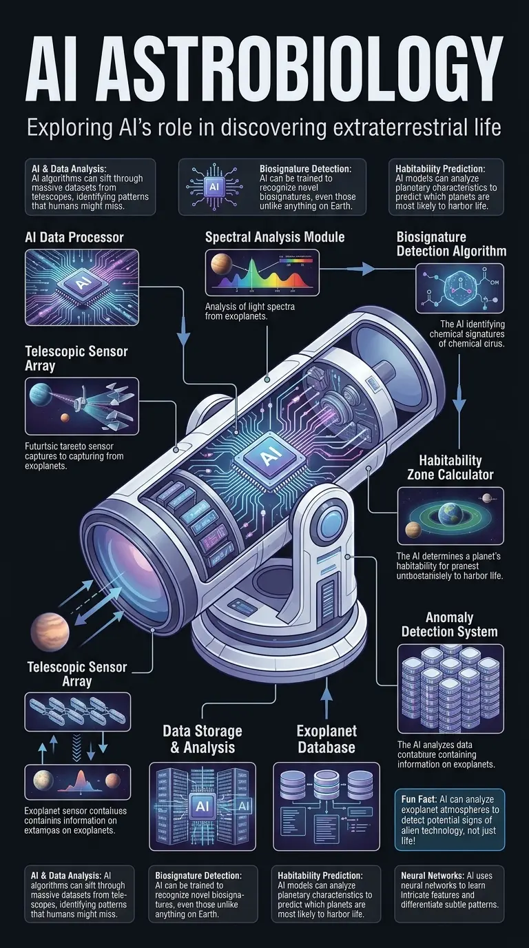 Infographic explaining how Artificial Intelligence (AI) is revolutionizing the search for extraterrestrial life, detailing AI's role in data analysis, biosignature detection, and habitability prediction.