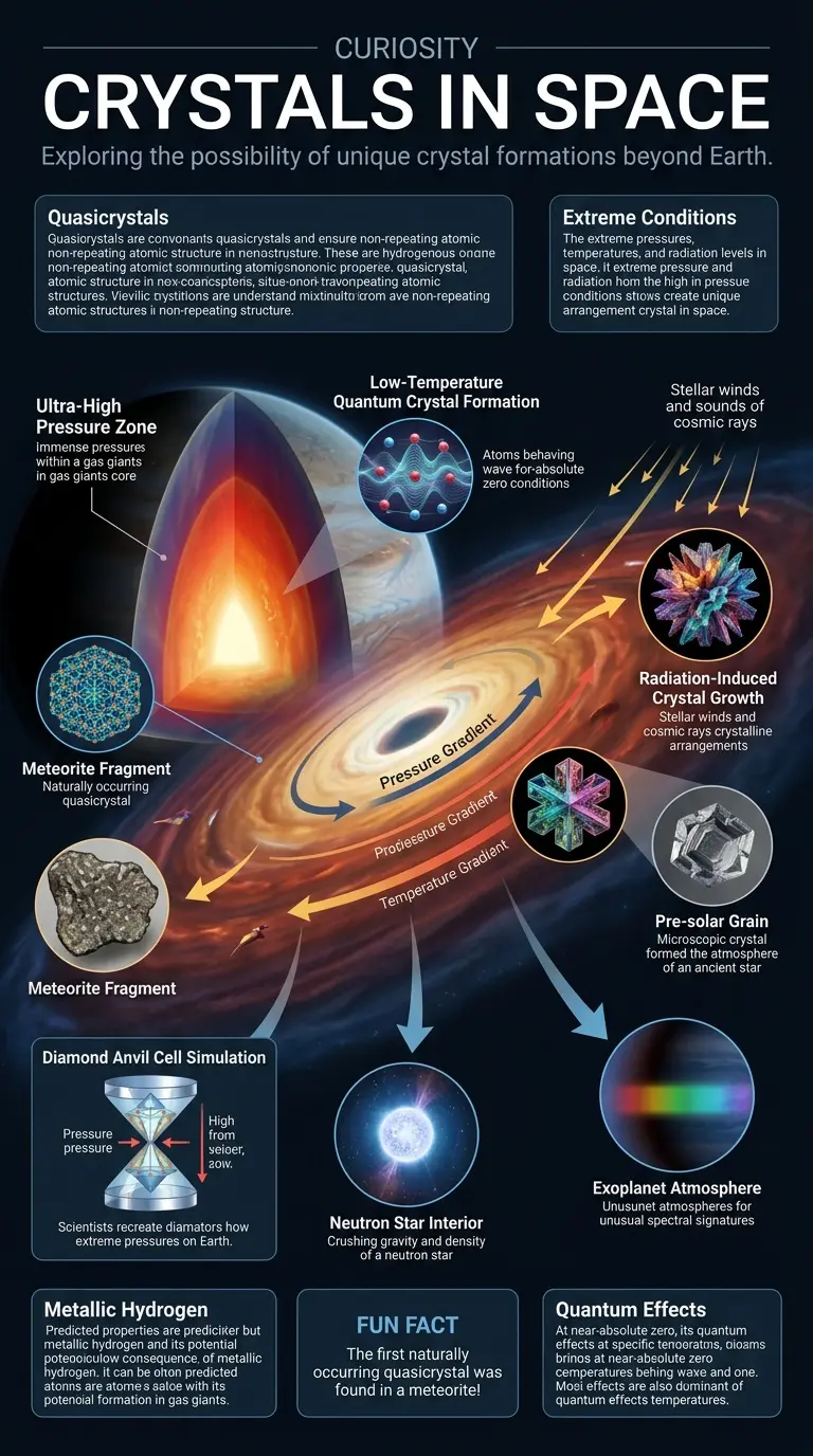 Infographic explaining the potential formation of "impossible" crystals in space and their implications for materials science and our understanding of the universe.
