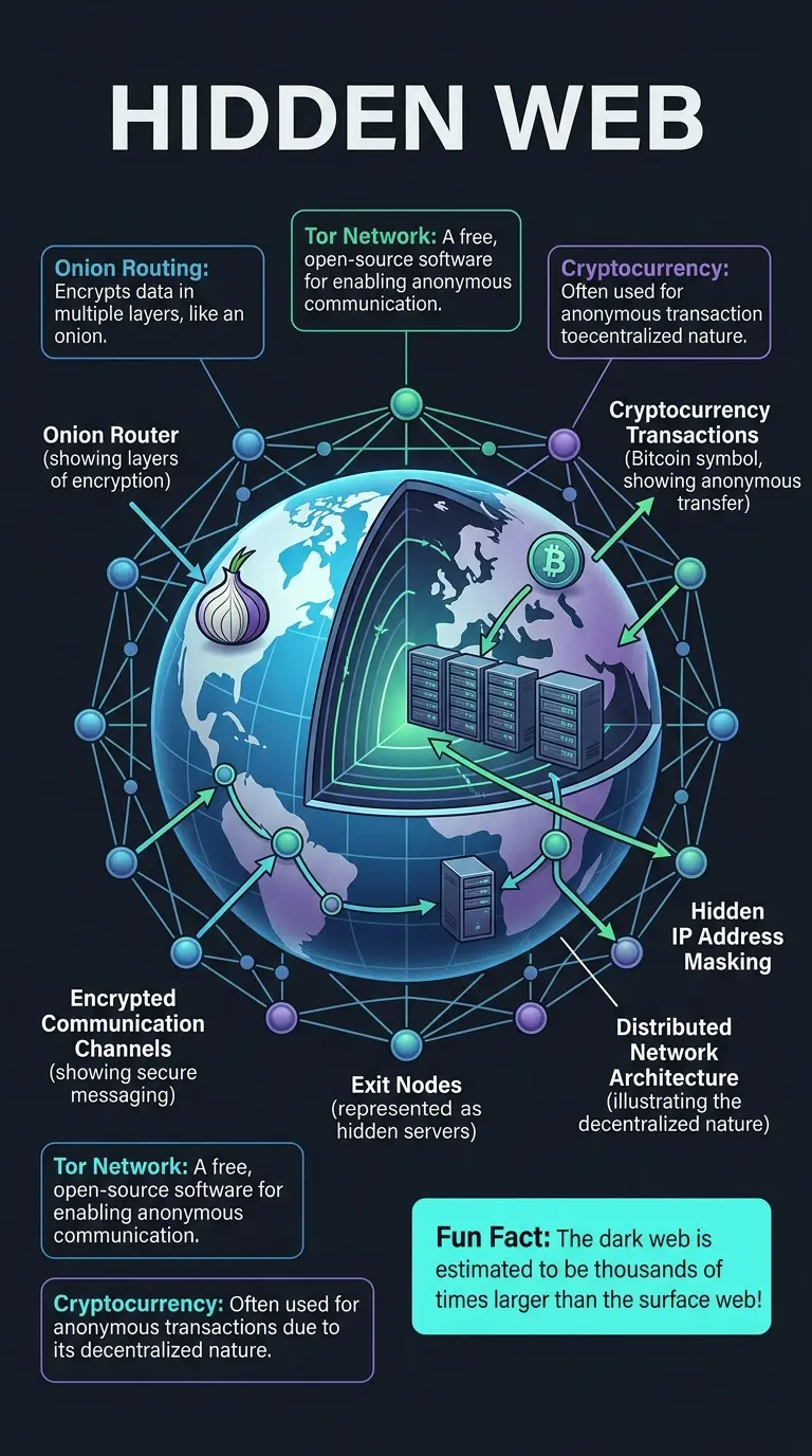 Infographic explaining the hidden architecture and function of the dark web, including onion routing, cryptocurrency transactions, and security measures.