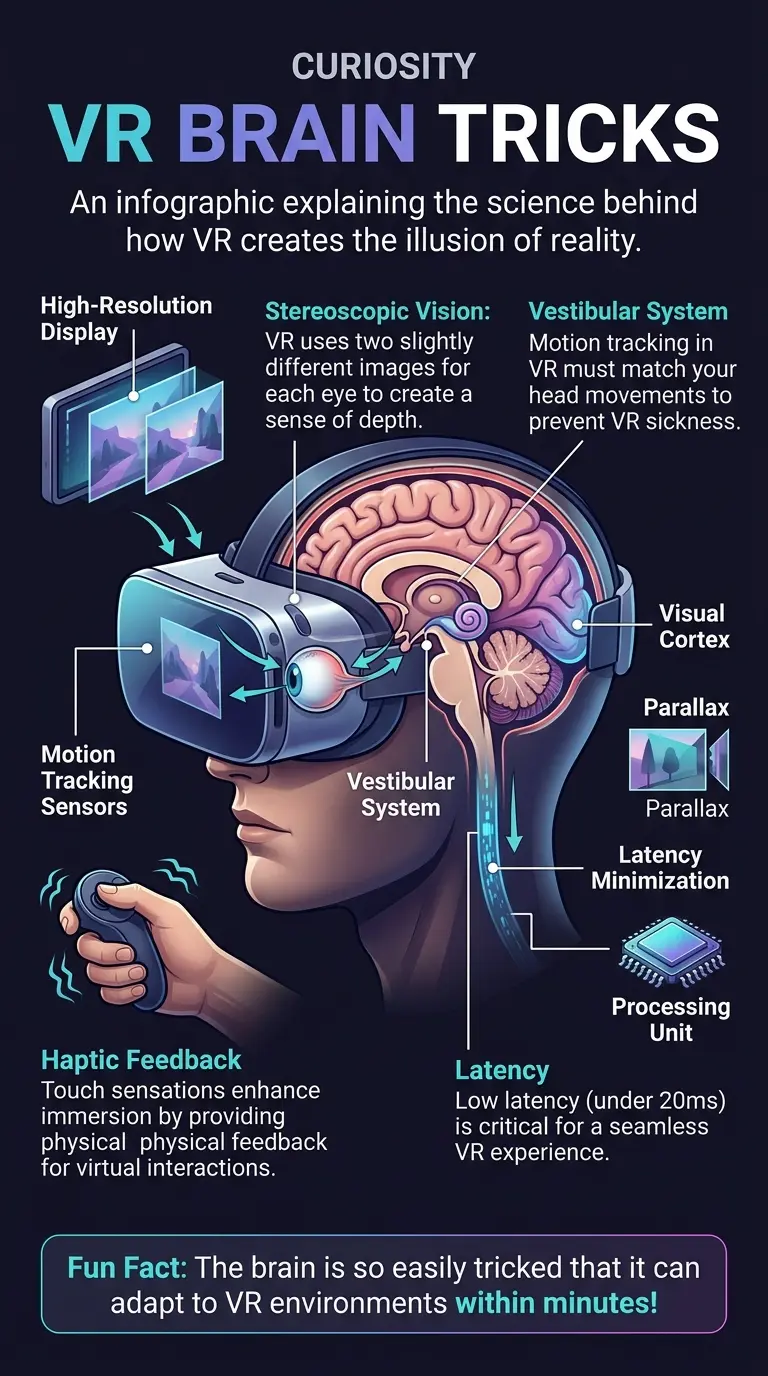 Infographic explaining how virtual reality tricks the brain using visual and sensory illusions.