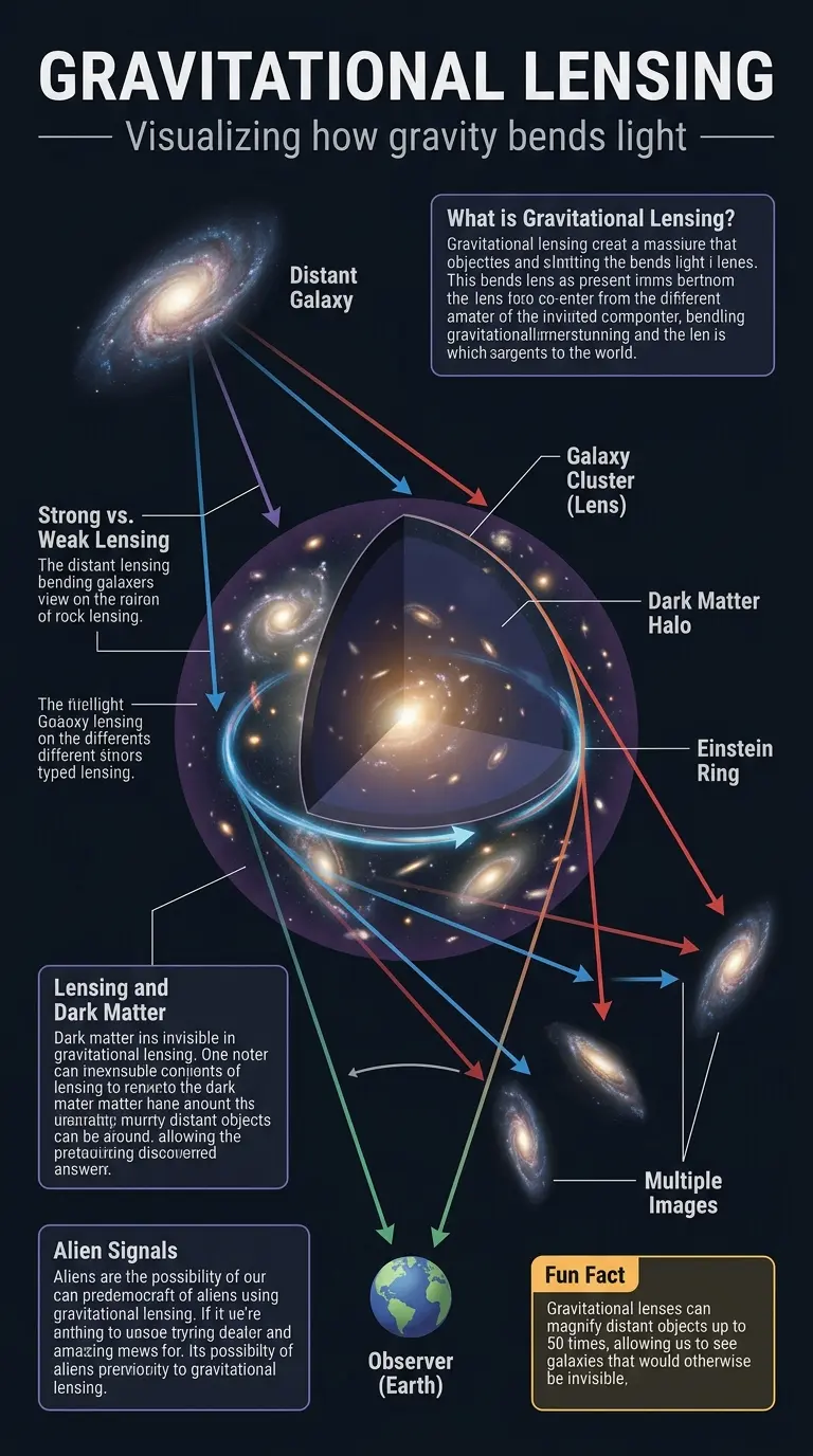 Infographic explaining gravitational lensing and its potential use by extraterrestrial civilizations to amplify signals.