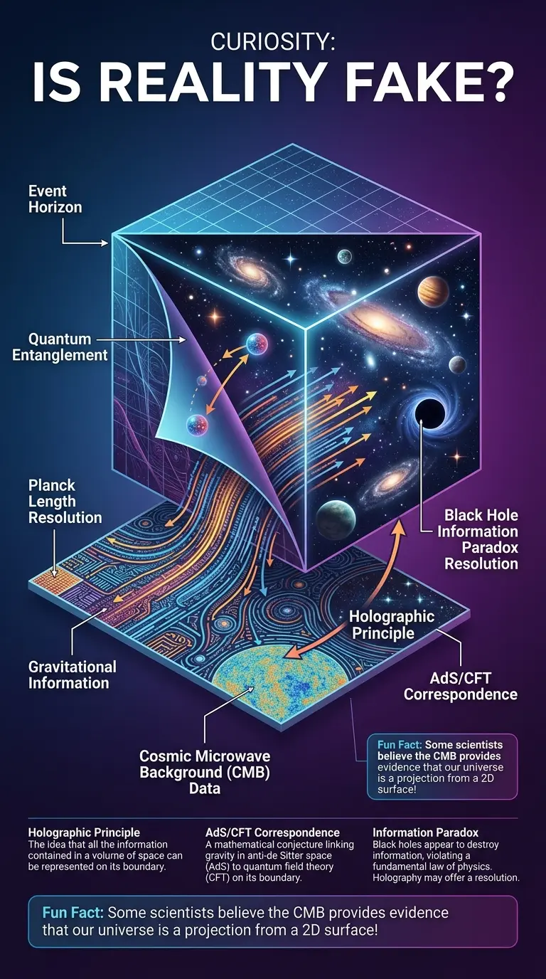 Detailed infographic explaining the holographic universe theory with key components and explanations.