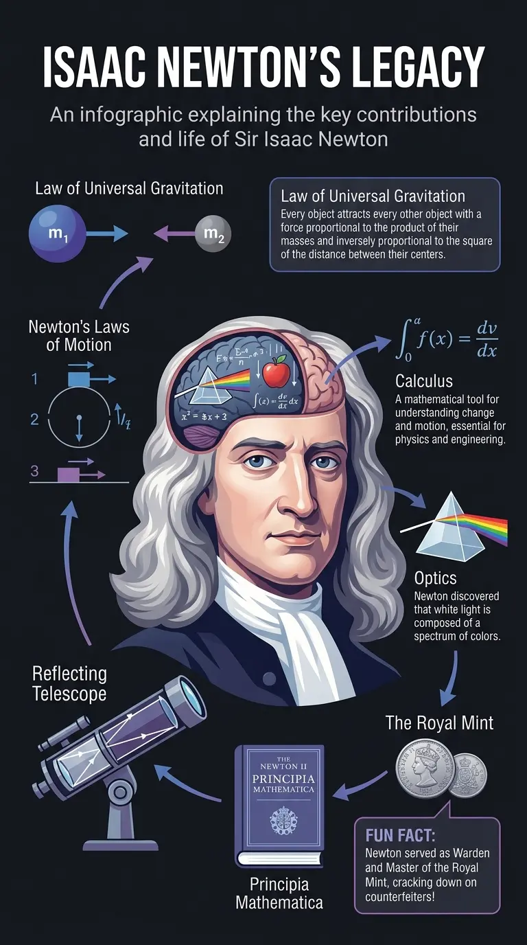 Infographic explaining Isaac Newton's life, discoveries, and contributions to science, including gravity, calculus, and optics.