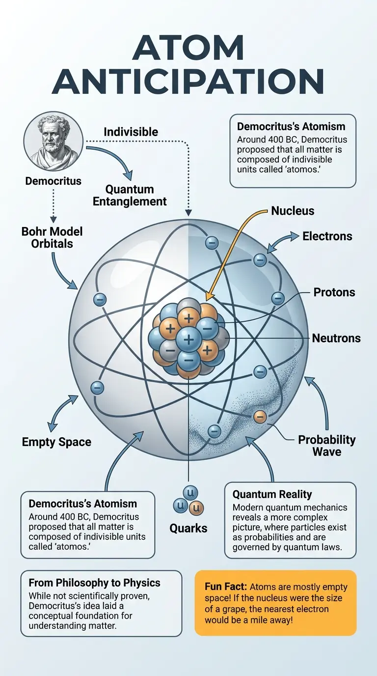 Infographic explaining Democritus's atomic theory and its surprising parallels to modern quantum physics.